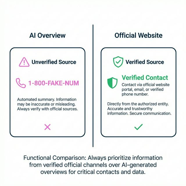 Warning alert comparison: AI Overview with fake number vs Official Site with verified contact details