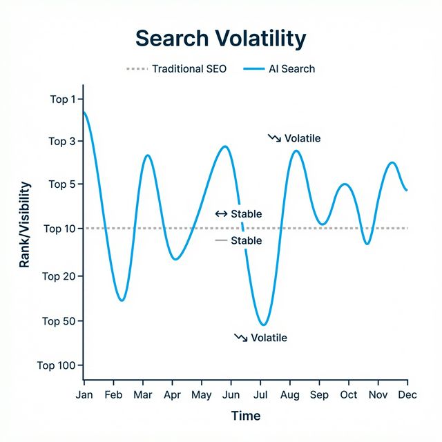 Search Volatility Graph showing Traditional SEO stability vs AI Search fluctuations