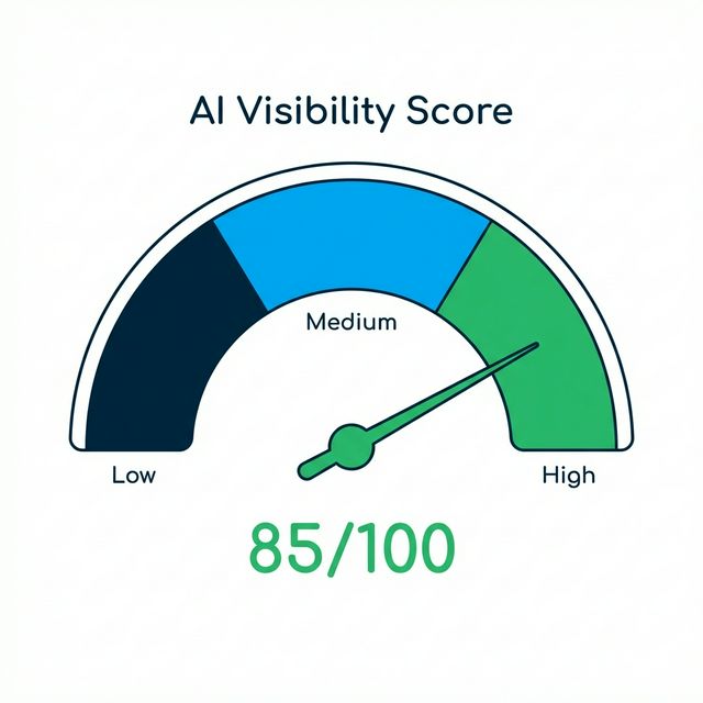 AI Visibility Score dashboard gauge showing metrics like sentiment and mentions