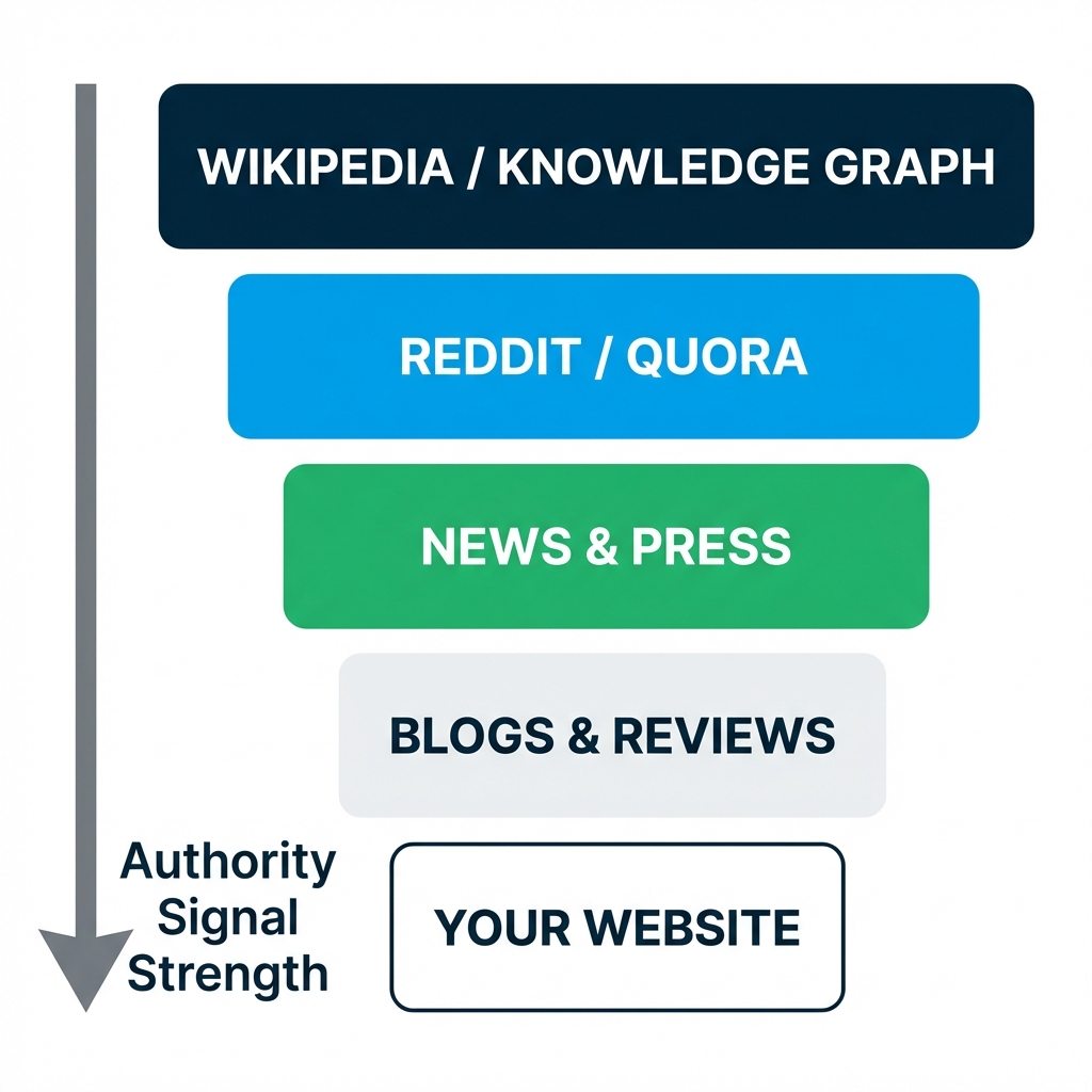 Authority Source Hierarchy showing training data weight from Wikipedia at top to low-authority blogs at bottom