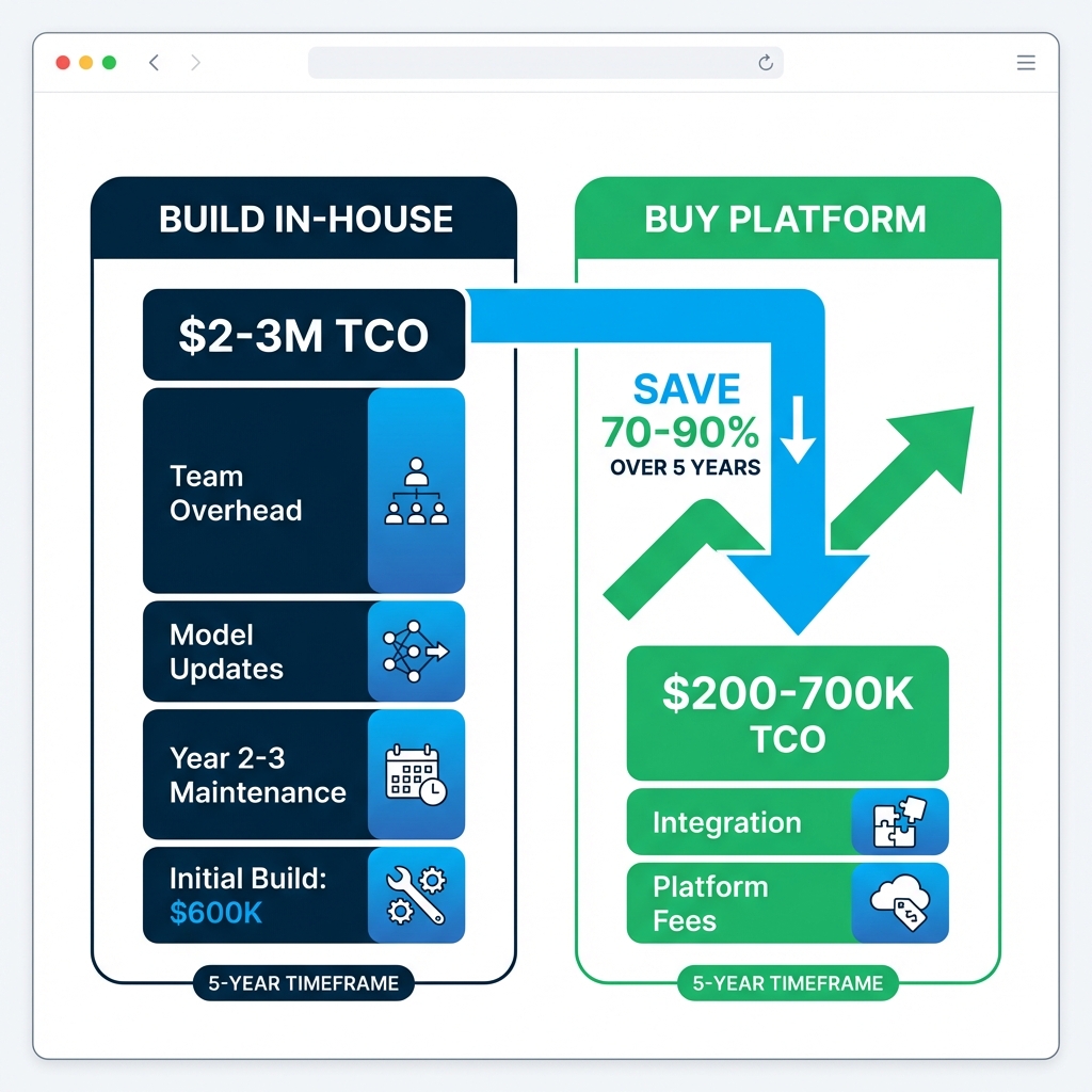Build vs Buy TCO Comparison chart showing 5-year total cost of ownership for in-house AI monitoring at $2-3M versus commercial platform at $200-700K