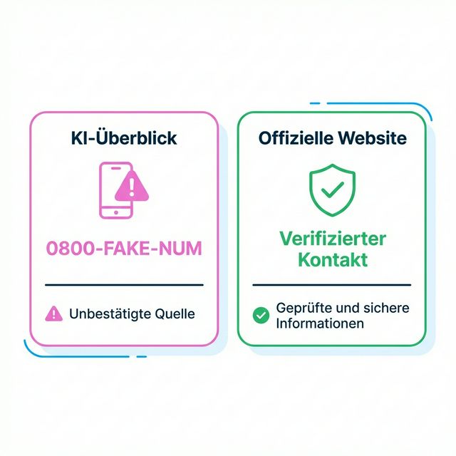 Warnhinweis-Vergleich: KI-Überblick mit gefälschter Nummer vs. Offizielle Website mit verifizierten Kontaktdaten