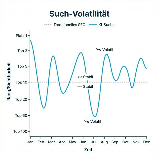 Such-Volatilitäts-Grafik: Traditionelle SEO-Stabilität vs. KI-Such-Schwankungen