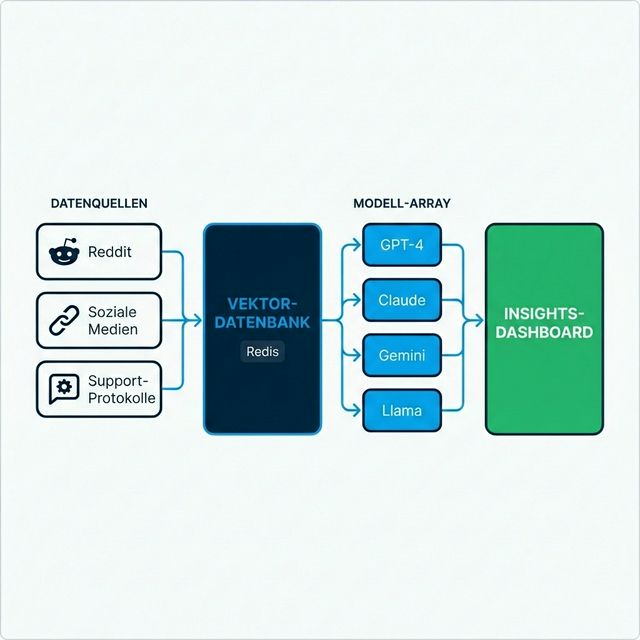 Model Polling Architecture Diagramm das Datenquellen Redis-Vektordatenbank Multi-LLM-Array und Insights-Dashboard für Enterprise-KI-Monitoring zeigt