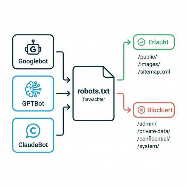 Funktionale Datenvisualisierung von robots.txt als Gatekeeper, der KI-Bots filtert