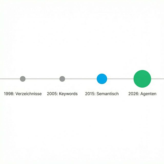 Zeitleiste der Suchepochen zeigt die Evolution von der Verzeichnis-Ära über die Keyword-Ära, die semantische Ära bis zur agentischen Ära mit KI-Agenten