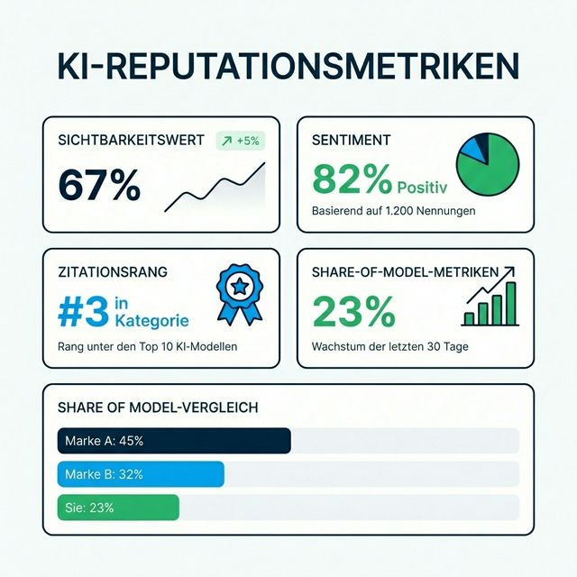 Share-of-Model-Metriken-Dashboard: KI-Reputationsmetriken einschließlich Sichtbarkeits-Score, Stimmungsanalyse, Zitierungsrang und Wettbewerbsvergleich