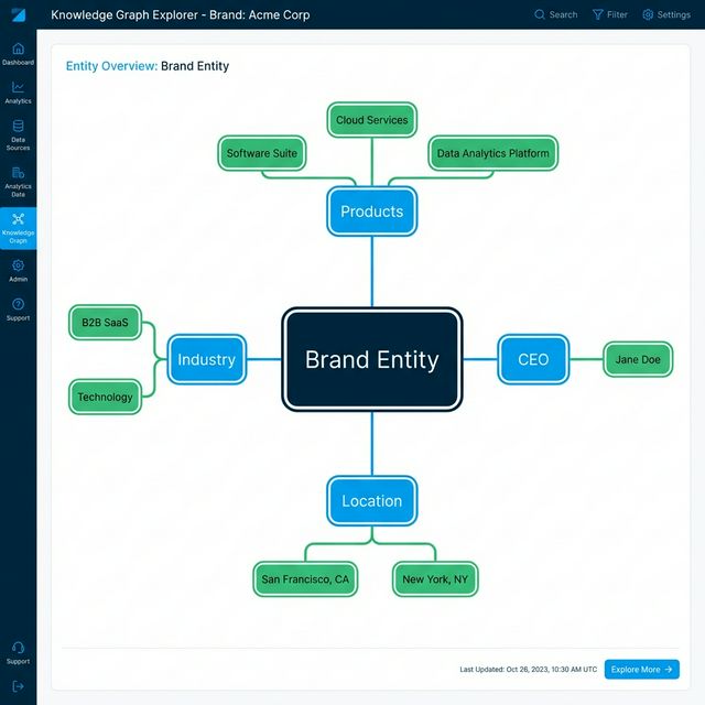 Knowledge Graph network visualization connecting Brand Entity to Products, CEO, Location, and Industry