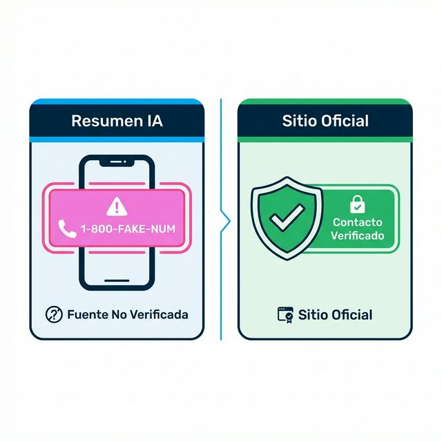 Comparación de alerta: Resumen de IA con número falso vs Sitio Oficial con contacto verificado