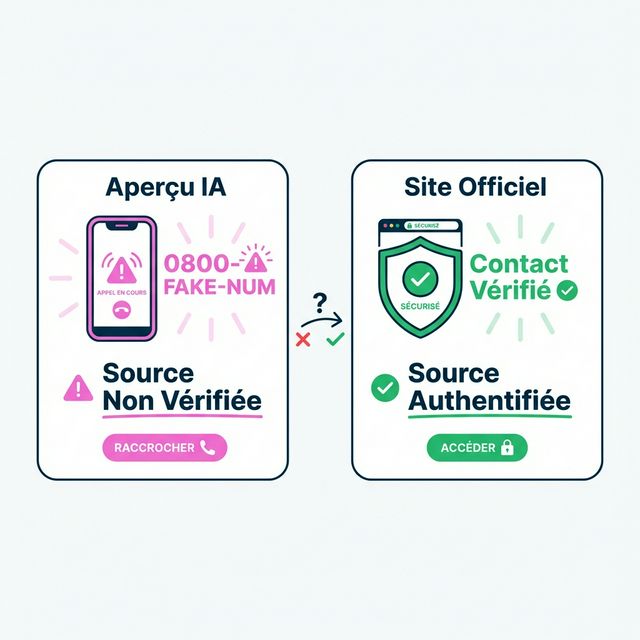Comparaison d'alerte : Aperçu IA avec faux numéro contre Site Officiel avec coordonnées vérifiées