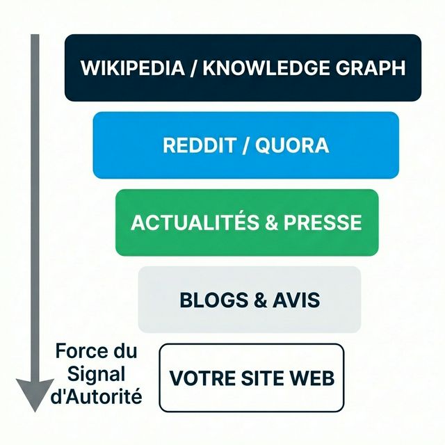 Hiérarchie des sources d'autorité montrant le poids des données d'entraînement de Wikipedia au sommet aux blogs de faible autorité en bas