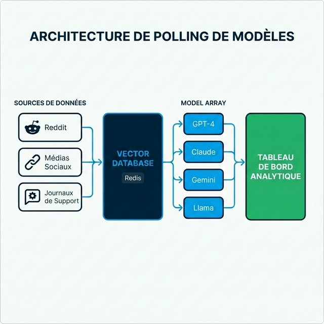 Architecture Model Polling montrant les sources de données, la base de données vectorielle Redis, le tableau de LLMs multiples et le tableau de bord d'insights pour le monitoring IA d'entreprise