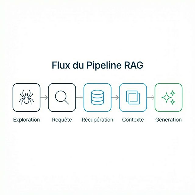 Diagramme du flux du pipeline RAG montrant la vectorisation de requête, la récupération et les étapes de génération pour l'optimisation de contenu IA
