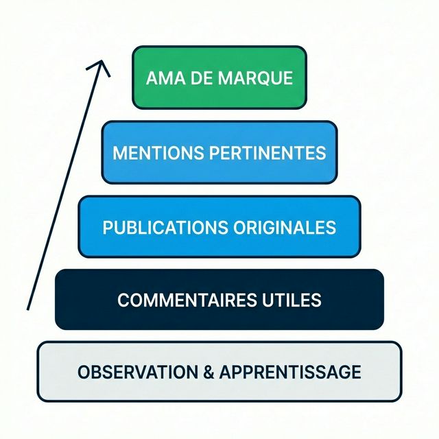 Pyramide de Présence Reddit montrant les niveaux d'engagement de l'observation au thought leadership pour l'optimisation de la visibilité IA