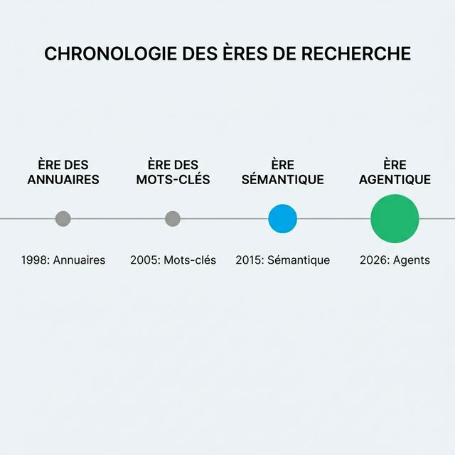 Chronologie des Ères de Recherche montrant l'évolution de l'Ère des Annuaires à l'Ère des Mots-Clés, l'Ère Sémantique puis l'Ère Agentique avec les agents IA