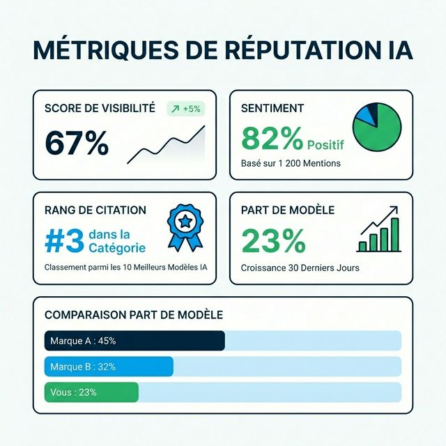 Dashboard de Métriques Share of Model montrant les métriques de réputation IA incluant score de visibilité, sentiment, rang de citation et comparaison concurrentielle