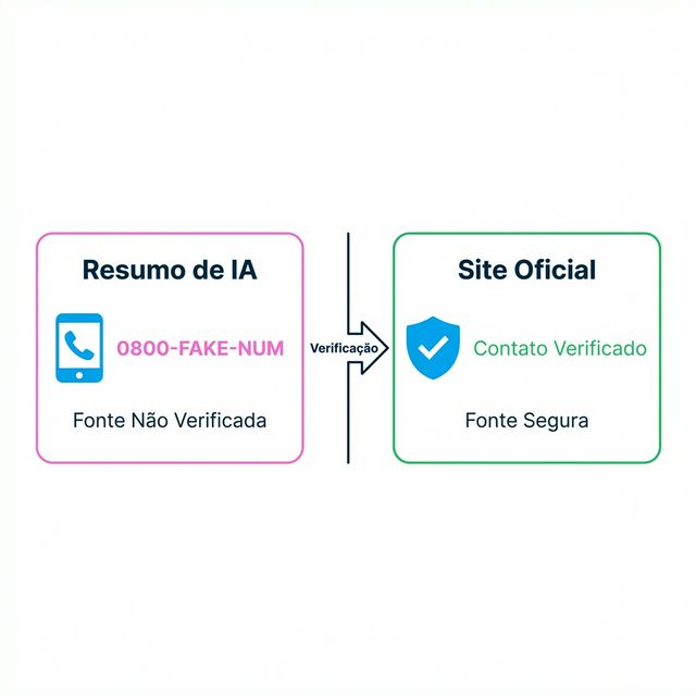 Comparação de alerta: Resumo de IA com número falso vs Site Oficial com contato verificado