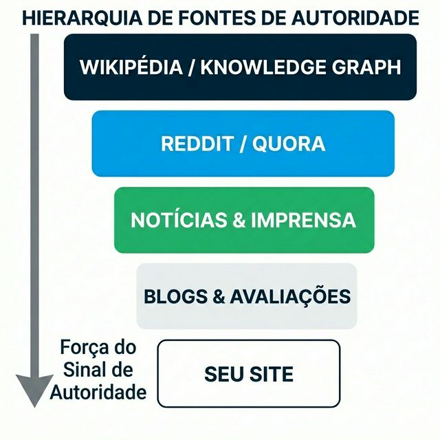 Hierarquia de Fontes de Autoridade mostrando peso dos dados de treinamento do Wikipedia no topo até blogs de baixa autoridade na base