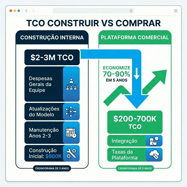 Comparação TCO Build vs Buy mostrando custo total de propriedade em 5 anos para monitoramento de IA interno em $2-3M versus plataforma comercial em $200-700K