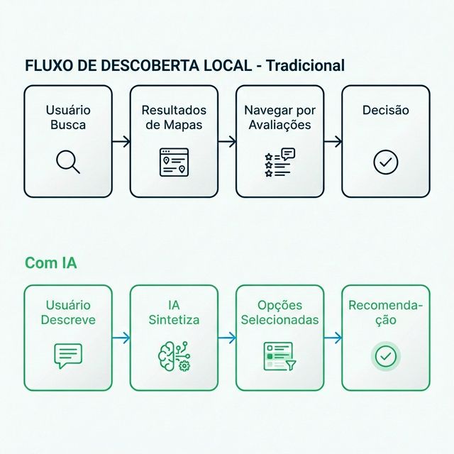 Fluxo de Descoberta Local Tradicional vs Alimentado por IA