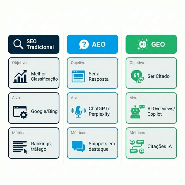 Comparação SEO vs AEO vs GEO