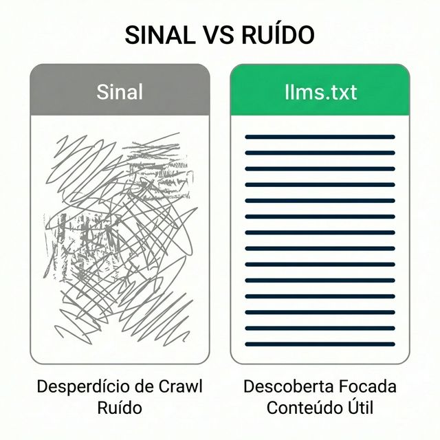 Comparação Sinal vs Ruído mostrando como llms-txt reduz ruído de crawl e melhora descoberta de conteúdo por IA
