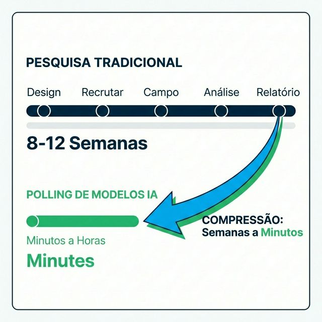 Comparação de Velocidade: Pesquisa Tradicional vs Monitoramento IA mostrando pesquisa tradicional em 8-12 semanas versus polling de modelos de IA em minutos a horas