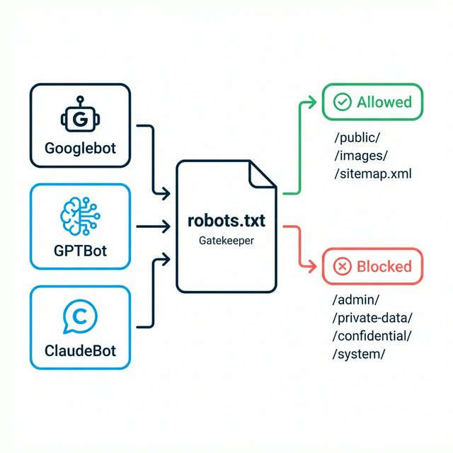 A functional data visualization showing robots.txt as a gatekeeper filtering AI bots
