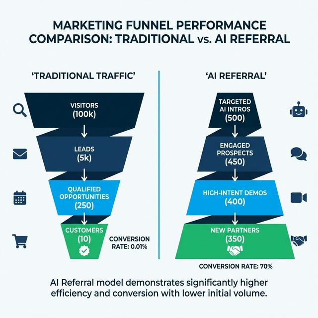 Funnel comparison showing Traditional Traffic vs AI Referral conversion rates