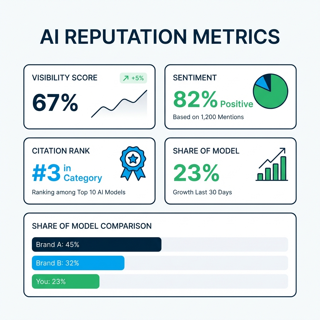 Share of Model Metrics Dashboard showing AI reputation metrics including visibility score sentiment citation rank and competitive comparison