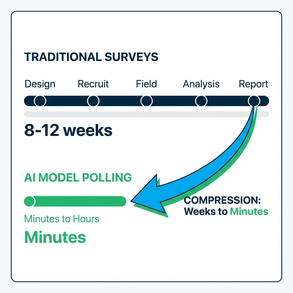 Survey Speed vs AI Monitoring comparison showing traditional research at 8-12 weeks versus AI model polling in minutes to hours